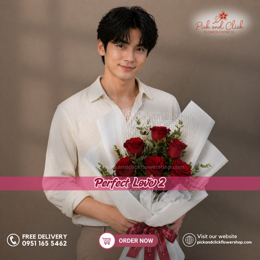 Perfect Love 2 Bouquet featuring 6 imported red roses accented with fresh parvi leaves, arranged in an elegant floral design with classic red blooms and fresh green accents, a timeless and romantic bouquet perfect for anniversaries, proposals, Valentine's Day, birthdays, and special occasions in the Philippines.