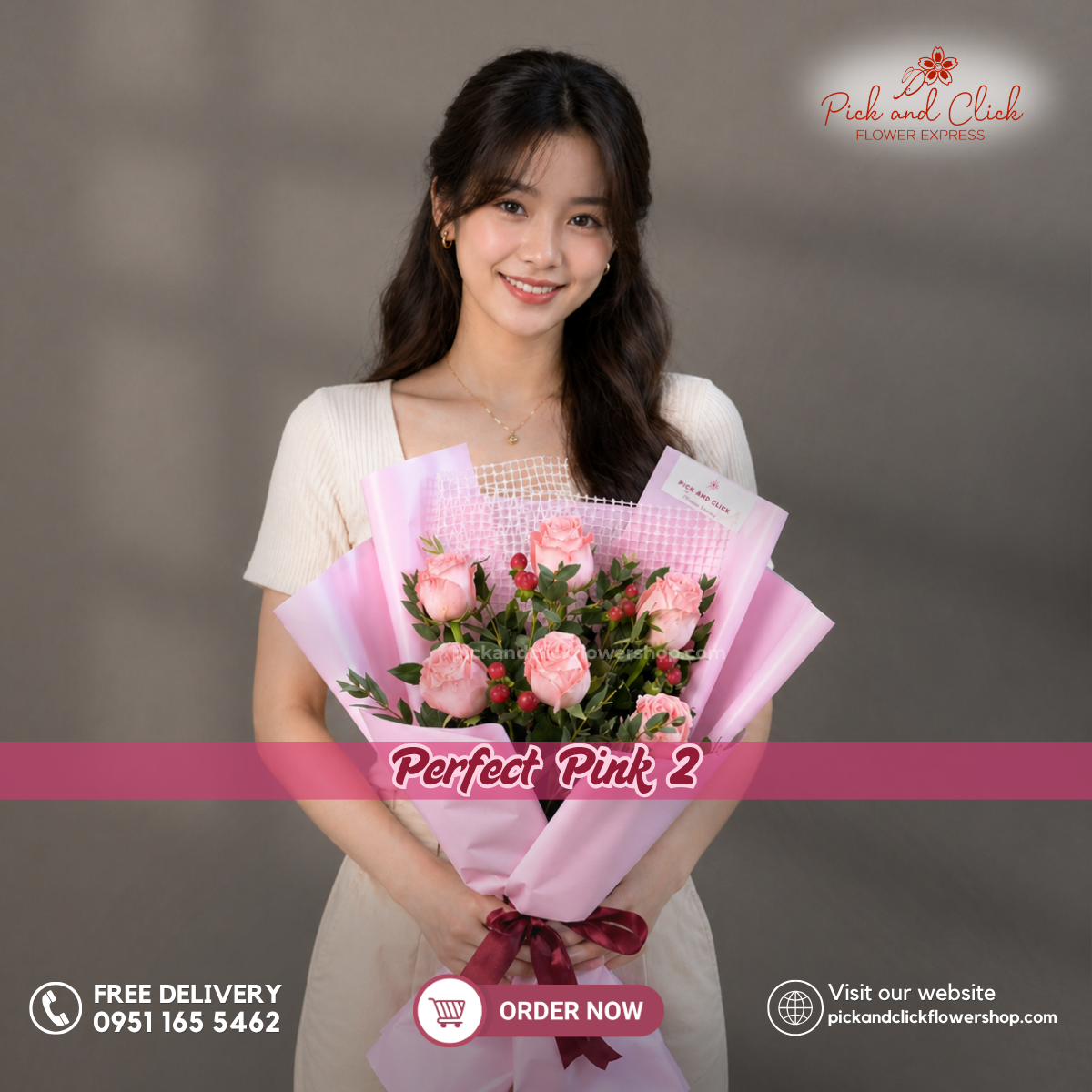 Perfect Pink 2 Bouquet featuring imported light pink roses, decorative berries, and fresh parvi leaves, arranged in an elegant floral design with soft pink blooms and natural green accents, a graceful and romantic bouquet perfect for birthdays, anniversaries, Mother's Day, weddings, and special occasions in the Philippines.