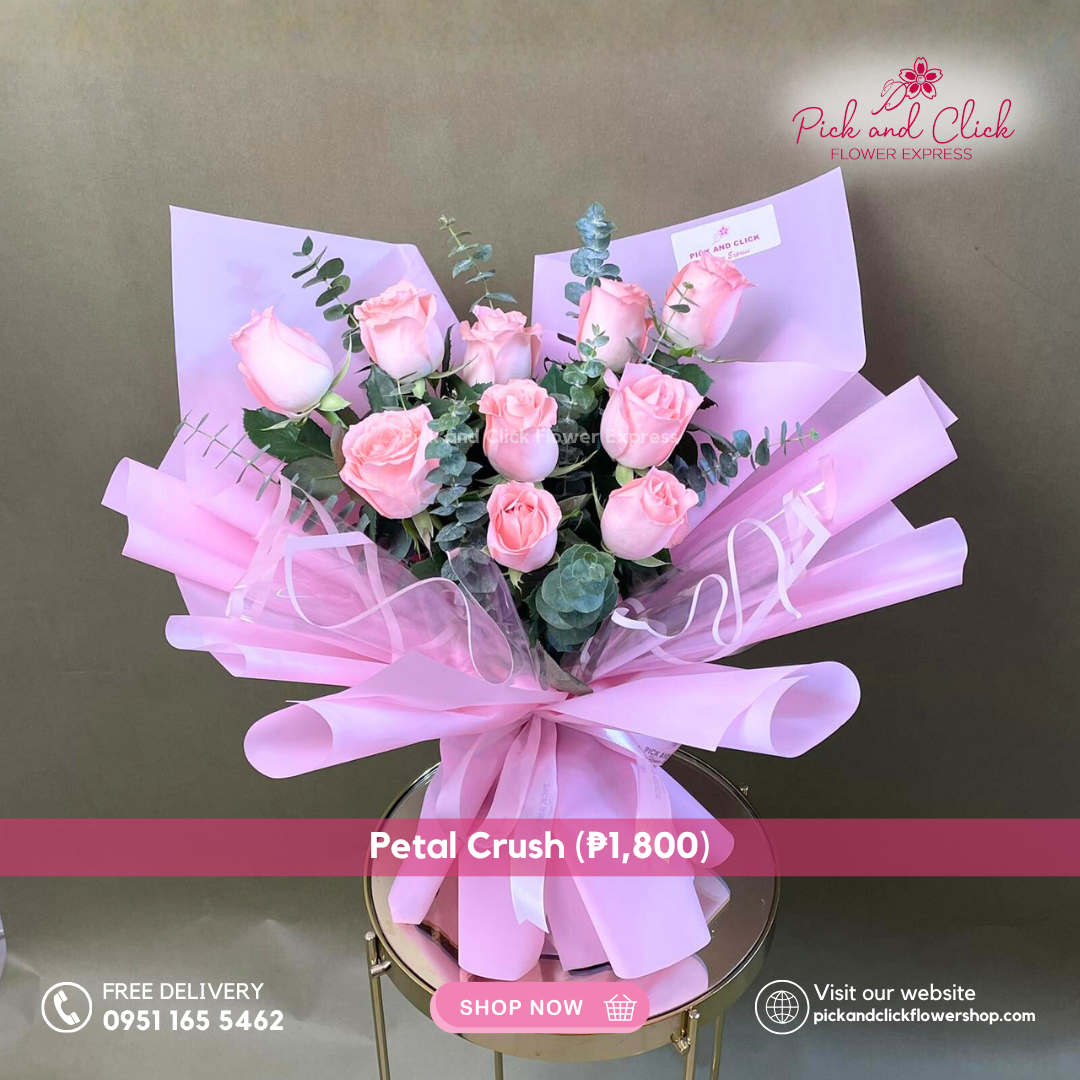 Bouquet of pink roses with a pink bow, branded 'Pick and Click Flower Express', on a dark background.