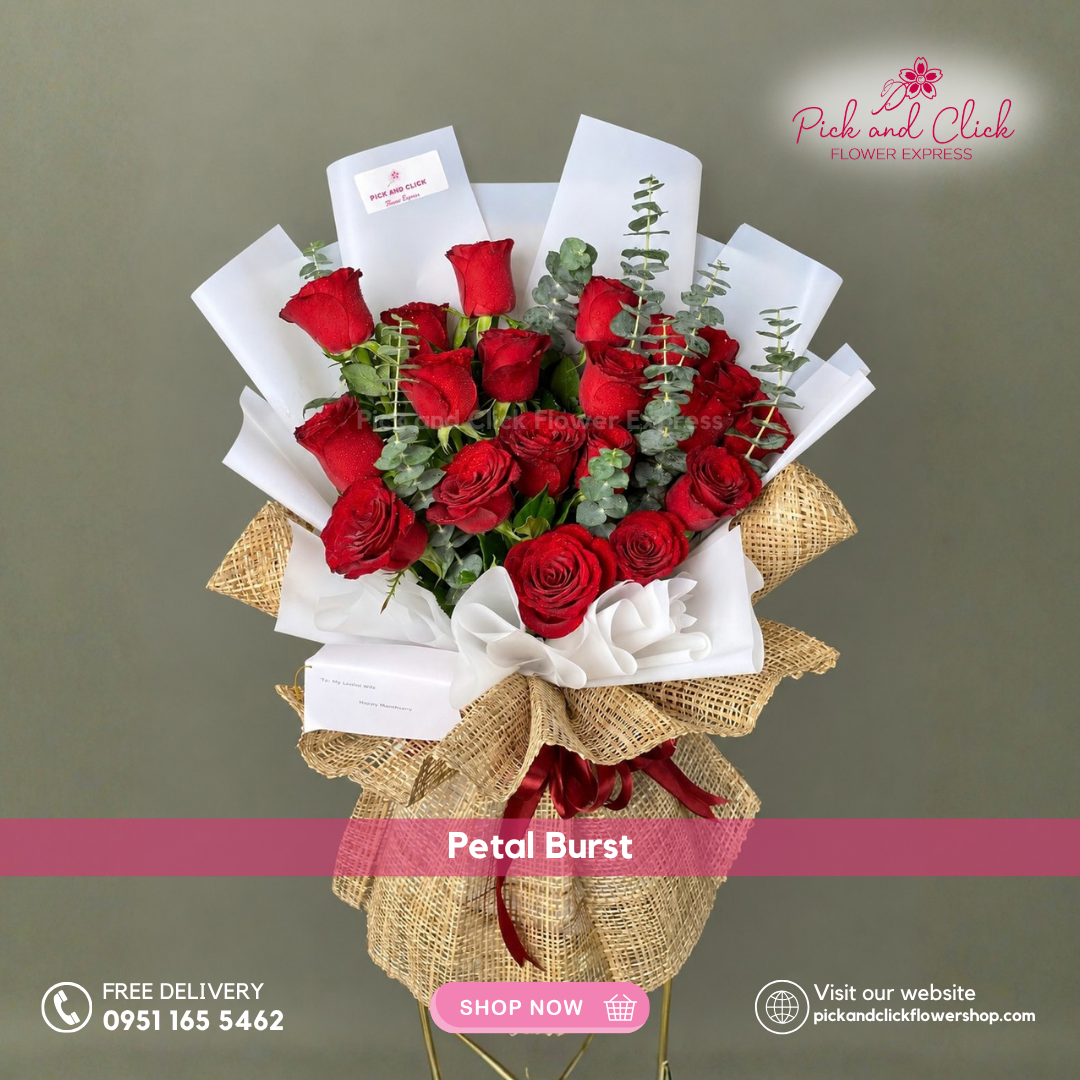 Petal Burst Bouquet of 20 imported red roses with eucalyptus, a red rose hand bouquet available for same-day delivery in the Philippines.