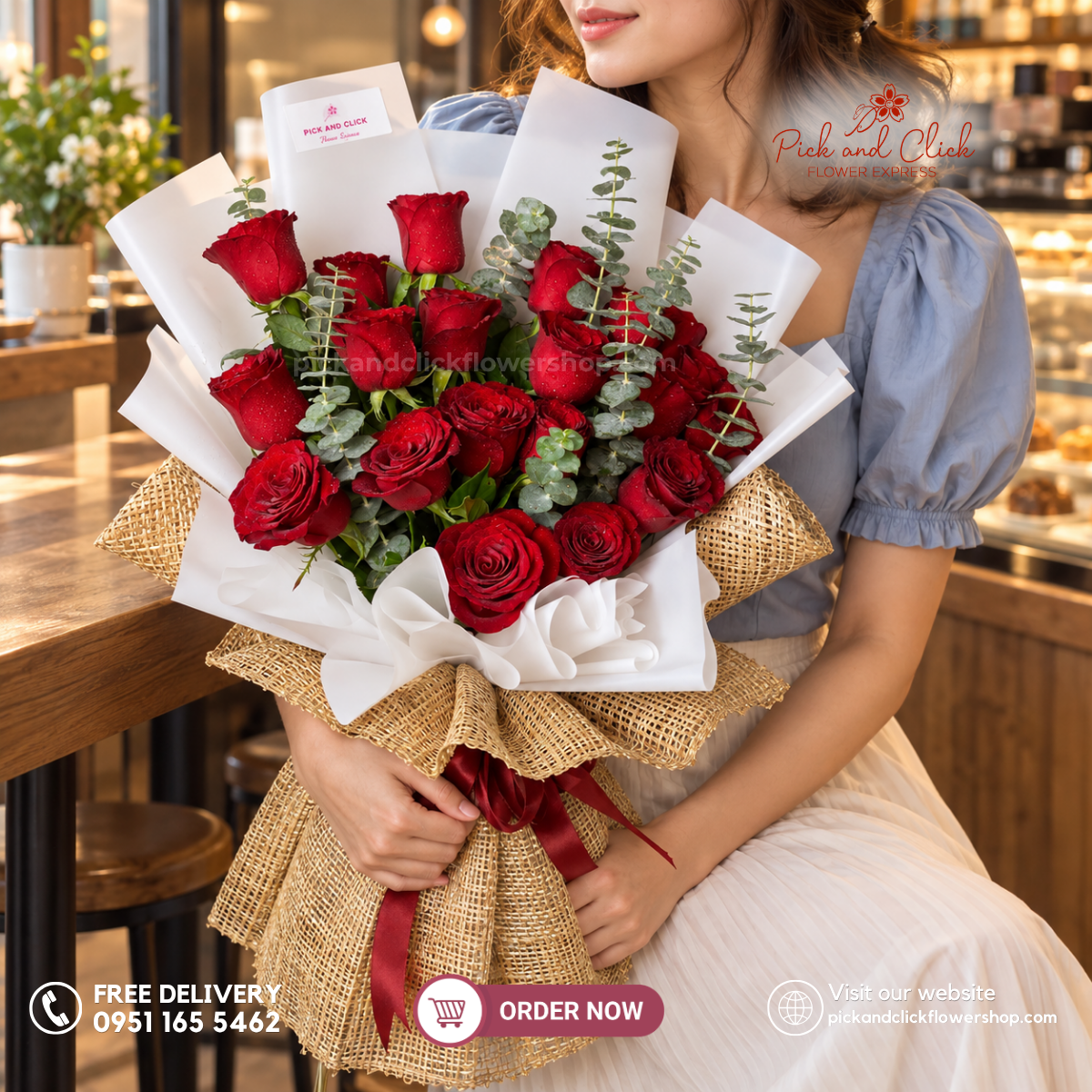 Petal Burst Bouquet of 20 imported red roses with eucalyptus, a red rose hand bouquet available for same-day delivery in the Philippines.
