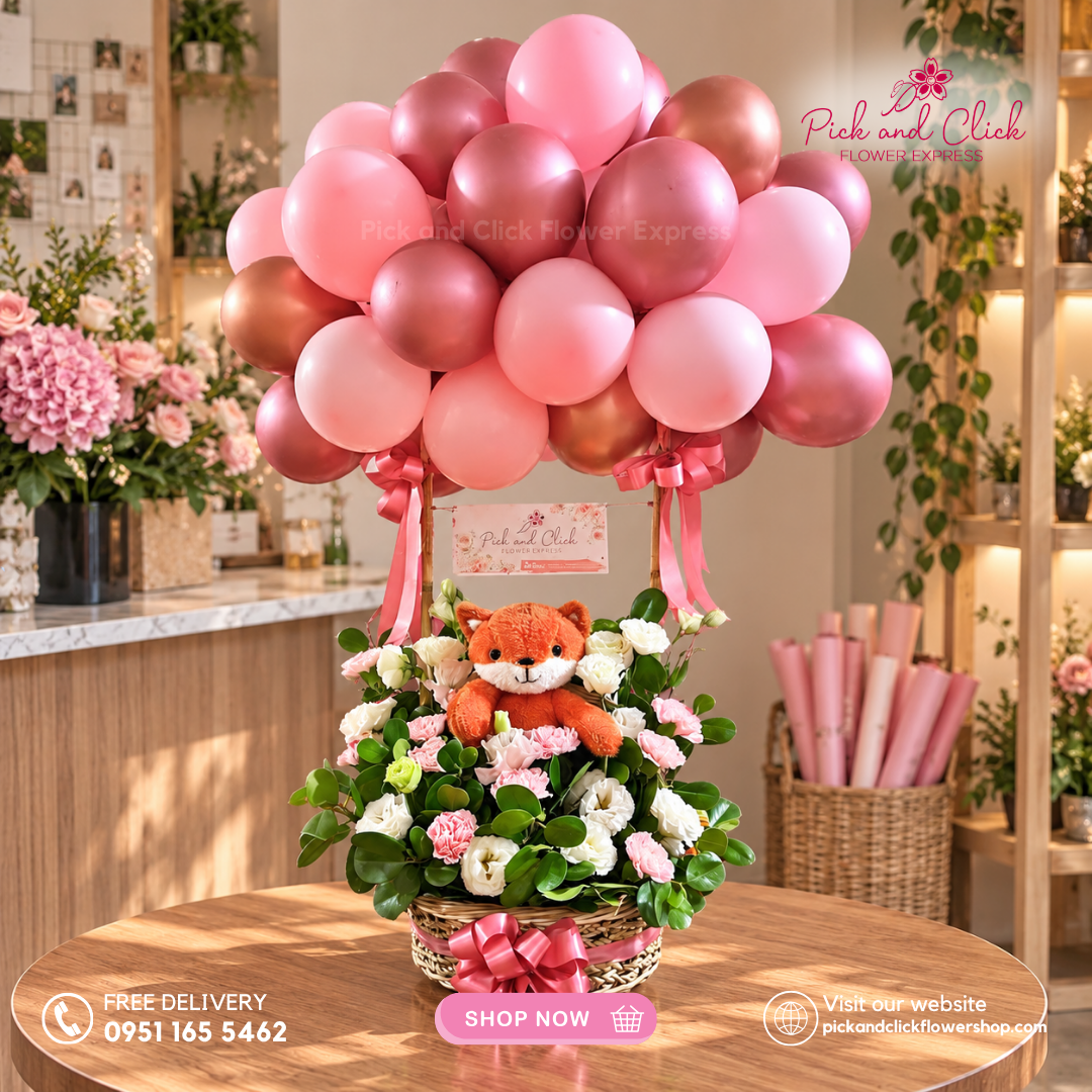 Petal Dream featuring a flower basket paired with a stuffed toy and balloons, a sweet and charming gift arrangement perfect for birthdays, surprises, and special occasions in the Philippines.