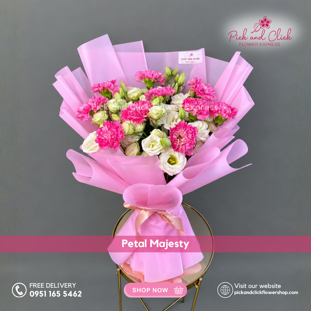 Petal Majesty Bouquet featuring 10 hot pink carnations, white spray roses, and white lisianthus with same-day delivery in the Philippines.