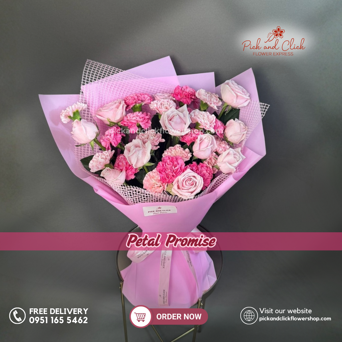 Petal Promise Bouquet featuring 10 light pink roses, 10 light pink carnations, and 10 hot pink carnations in an elegant floral arrangement.