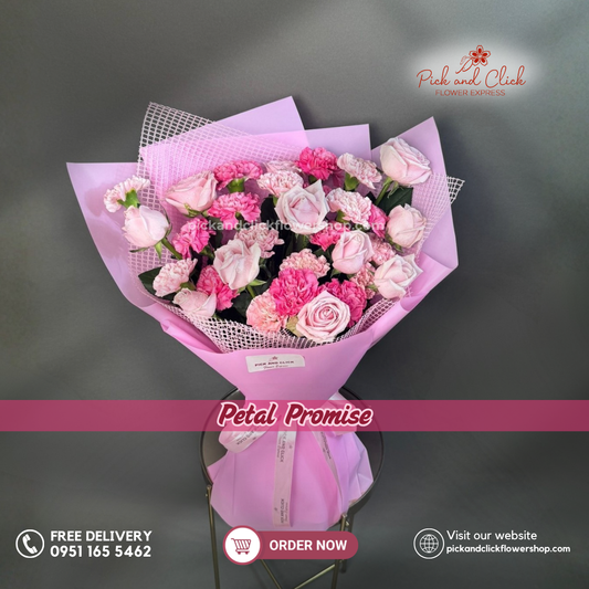 Petal Promise Bouquet featuring 10 light pink roses, 10 light pink carnations, and 10 hot pink carnations in an elegant floral arrangement.