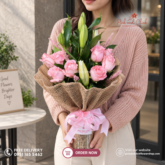 Pink Moment bouquet featuring fresh pink Stargazer lilies and premium pink roses, beautifully arranged to express love and admiration, perfect for birthdays, anniversaries, romantic gifts, and flower delivery in the Philippines.