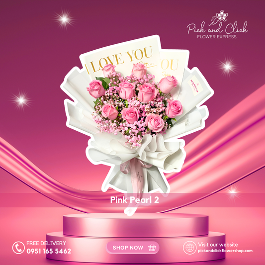 Bouquet of pink China roses in white and “I Love You” printed wrapping, ideal for romantic gifting