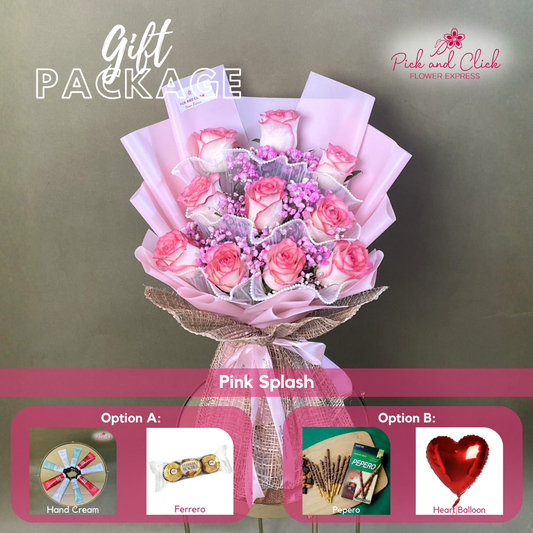 Pink Splash bouquet featuring 10 two tone pink roses and pink sprayed gypsophila arranged in a vibrant romantic hand bouquet.