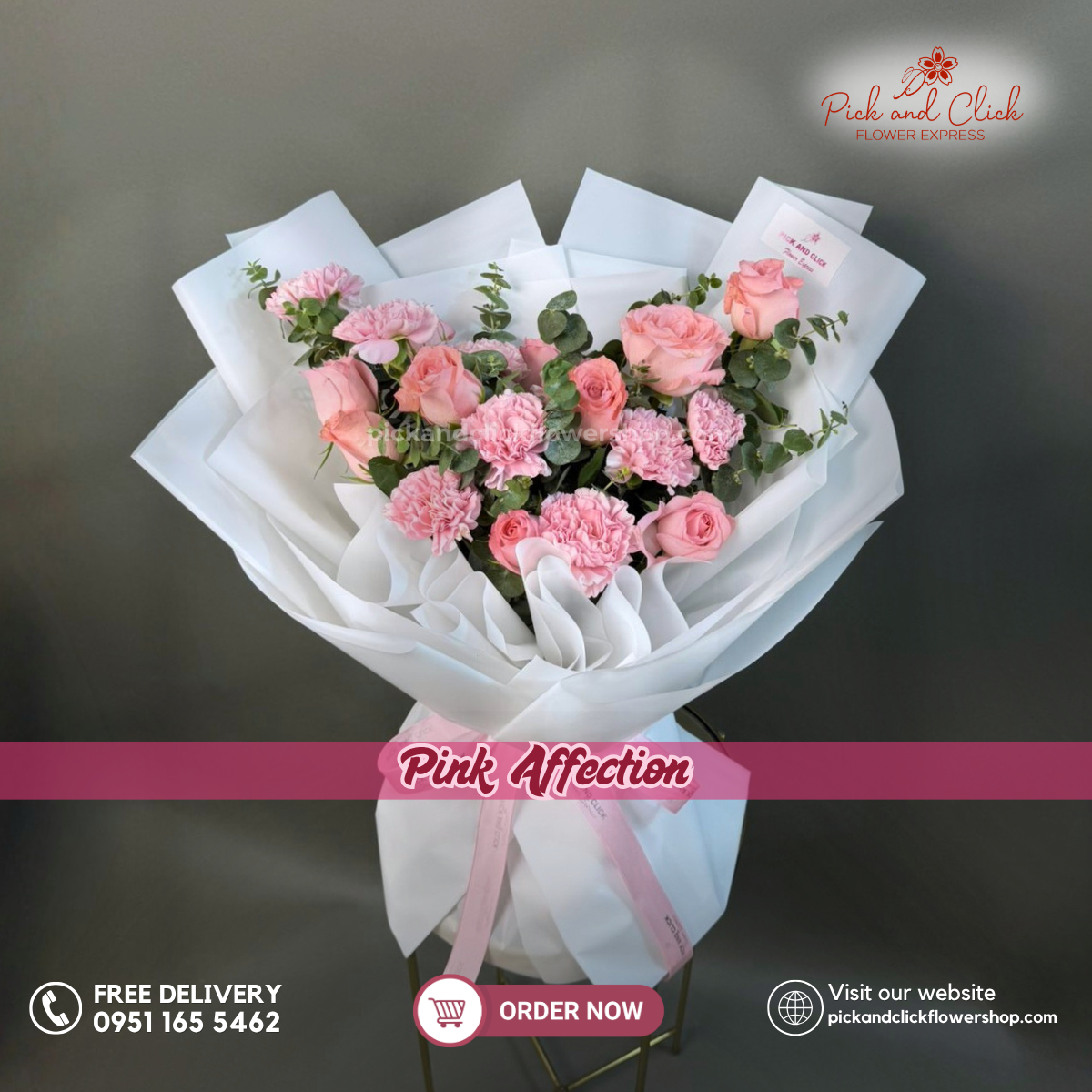 Pink Affection bouquet featuring imported light pink roses, light pink carnations, and eucalyptus in a soft elegant floral arrangement.