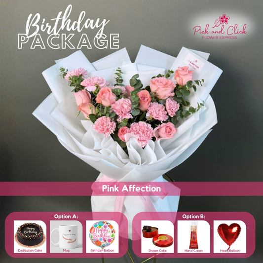 Pink Affection Birthday Package featuring 10 light pink roses, 10 light pink carnations, and eucalyptus with your choice of birthday gift add-ons.