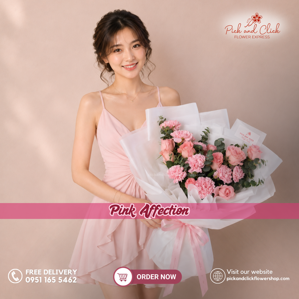 Pink Affection Bouquet featuring 10 imported light pink roses, 10 light pink carnations, and fresh eucalyptus, arranged in an elegant floral design with soft blush pink blooms and fresh green accents, a graceful and romantic bouquet perfect for birthdays, anniversaries, Mother's Day, weddings, and special occasions in the Philippines.