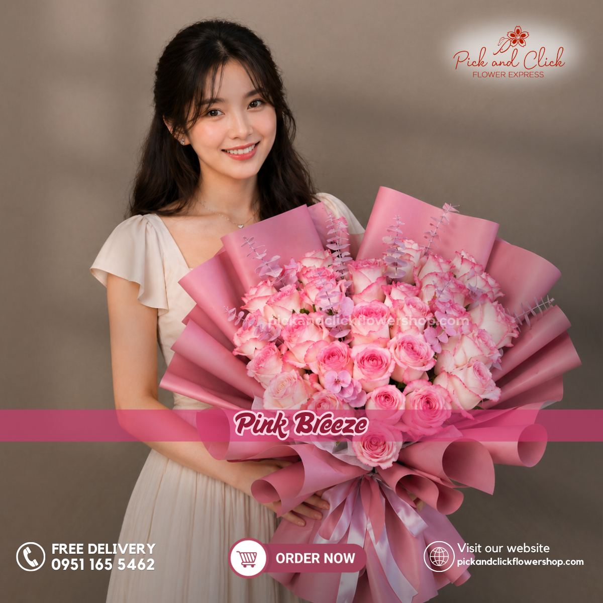 Pink Breeze Bouquet featuring two tone pink roses accented with pink sprayed eucalyptus, arranged in an elegant floral design with blush pink, soft rose, and pastel pink tones, a graceful and romantic bouquet perfect for birthdays, anniversaries, Mother's Day, weddings, and special occasions in the Philippines.