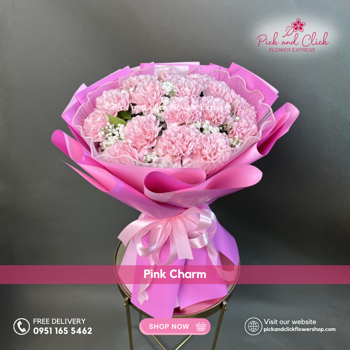 Pink Charm Bouquet featuring light pink carnations accented with delicate gypsophila, arranged in a soft and elegant floral design, a graceful and charming bouquet perfect for birthdays, Mother's Day, anniversaries, and special occasions in the Philippines.