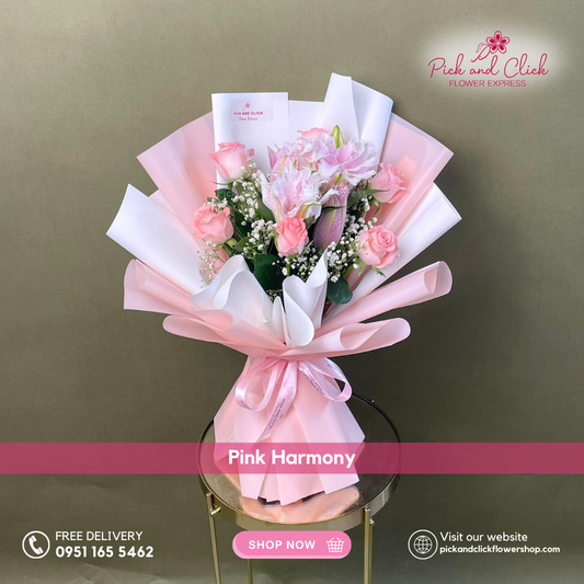 Pink Harmony featuring double petal stargazers, pink roses, and gypsophila — an elegant pastel hand bouquet with Korean-style wrapping, perfect for romantic occasions and premium flower gifting.