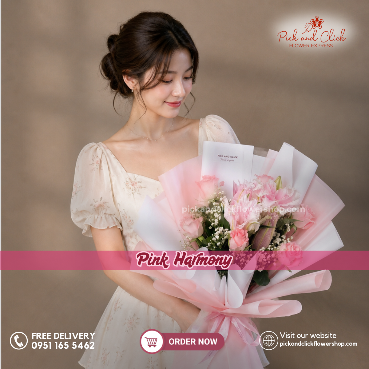 Pink Harmony Bouquet featuring double petal stargazer lilies, pink roses, and delicate gypsophila (baby’s breath), arranged in an elegant floral design with soft pink and white tones, a graceful and luxurious bouquet perfect for birthdays, anniversaries, Mother's Day, weddings, and special occasions in the Philippines.