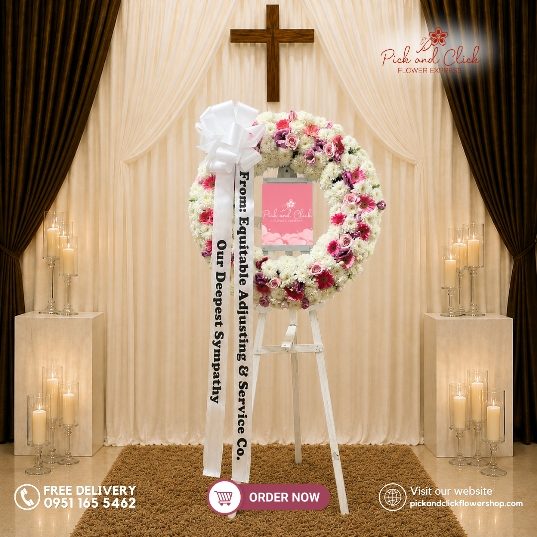 Pink Memory Funeral Stand featuring Imported Light Pink Roses, Wonder White Chrysanthemums, Pink Gerberas, and Pink Lisianthus for a funeral tribute in the Philippines.