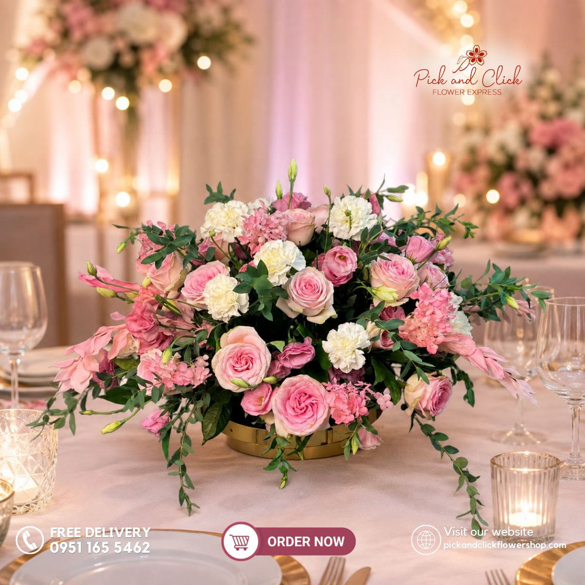 Pink Opulence Center Table Arrangement featuring Imported Roses, Carnations, Hydrangea, Lisianthus, Melaleuca, and Parvi Leaves for an elegant wedding and event centerpiece in the Philippines.