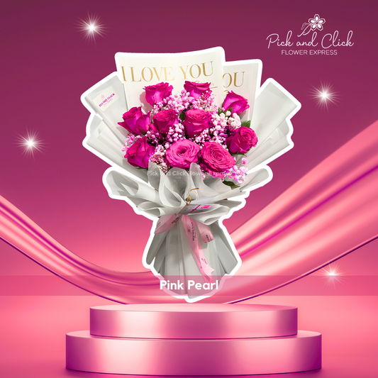 Bouquet of pink China roses in white and “I Love You” printed wrapping, ideal for romantic gifting