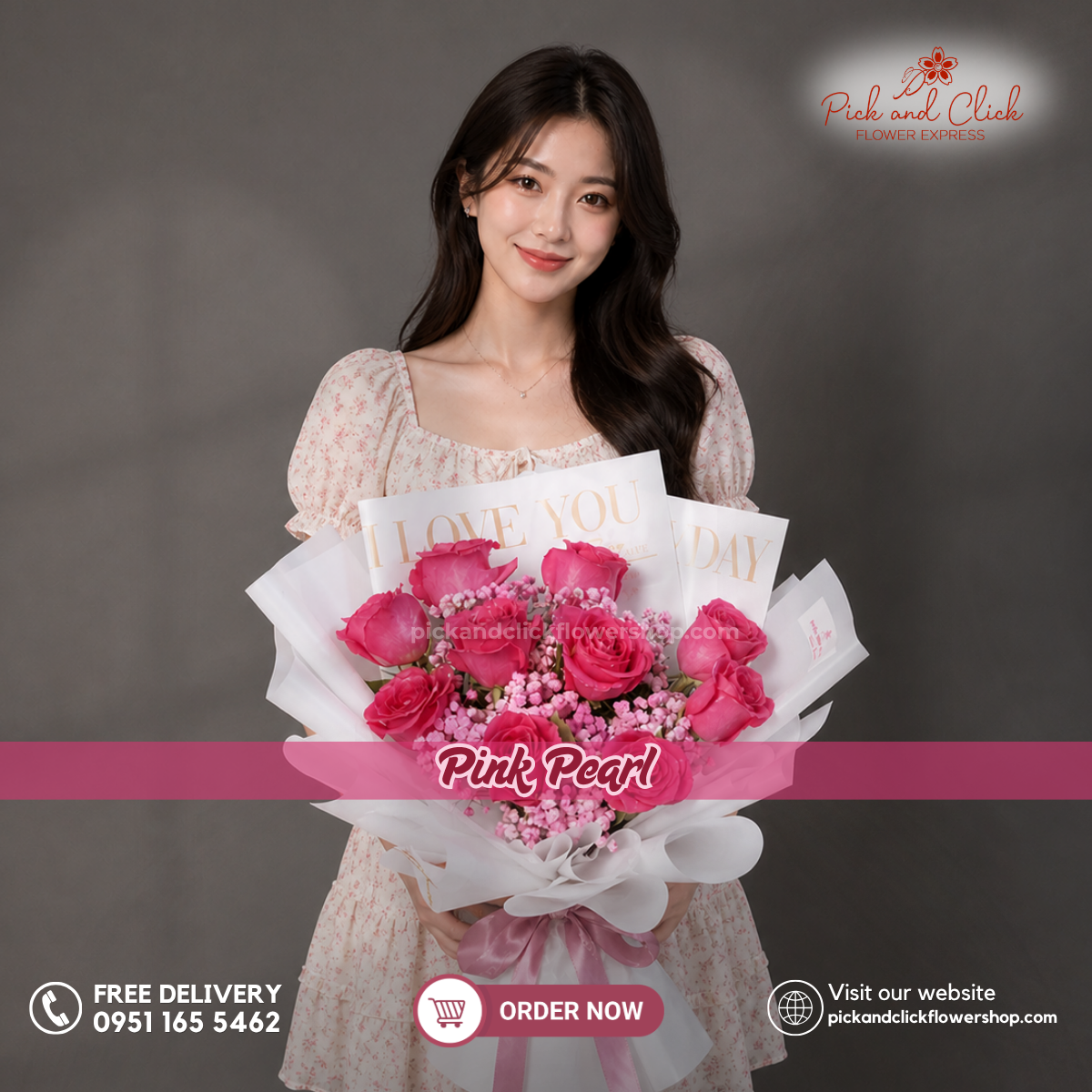 Pink Pearl Bouquet featuring 10 premium fuchsia pink roses accented with pink sprayed gypsophila (baby’s breath), arranged in an elegant floral design with bold fuchsia blooms and white wrapping, a luxurious bouquet perfect for birthdays, anniversaries, Mother's Day, romantic gifts, and special occasions in the Philippines.