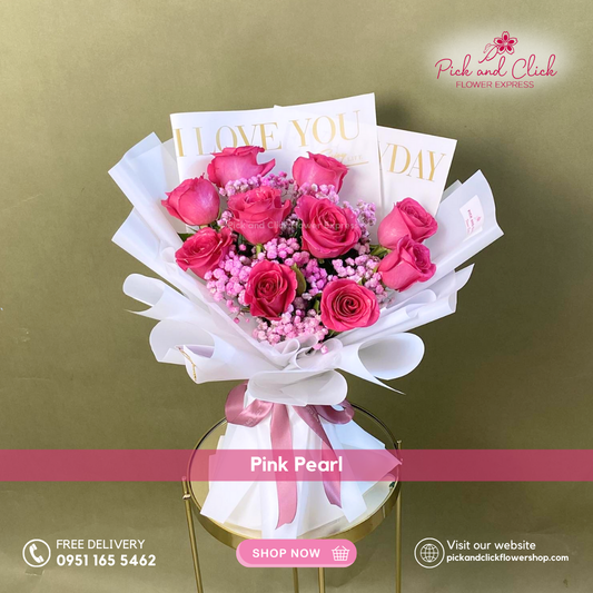 Fuchsia Radiance Bouquet with 10 fuchsia pink roses and pink-sprayed gypsophila, arranged in a premium Korean-style hand bouquet for romantic and luxury gifting.