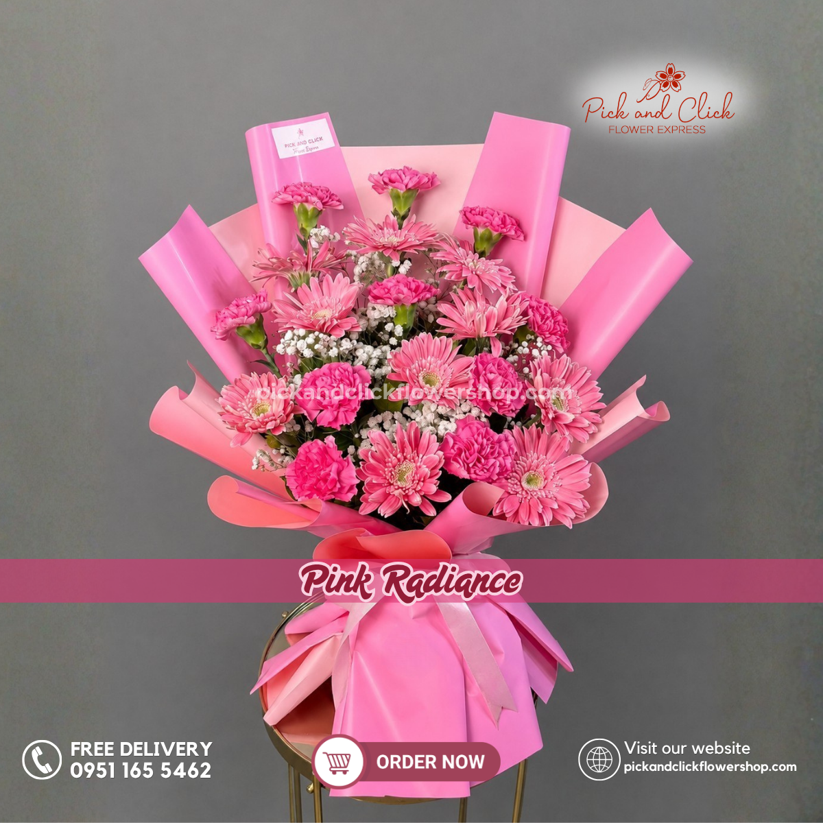 Pink Radiance Bouquet featuring 10 pink gerberas, 10 hot pink carnations, and gypsophila in a vibrant pink flower arrangement, perfect for birthdays, congratulations, appreciation gifts, anniversaries, and special occasions in Metro Manila, Philippines.