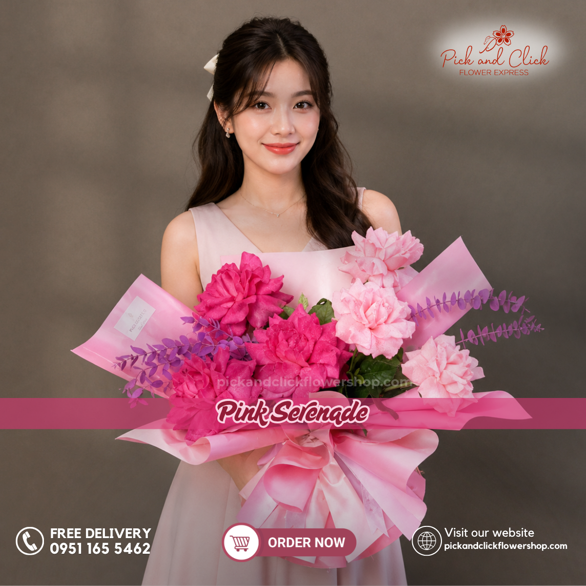 Pink Serenade Bouquet featuring fuchsia roses, light pink roses, pink sprayed parvi leaves, and pink sprayed eucalyptus, arranged in an elegant floral design with fuchsia, light pink, and blush tones, a luxurious and romantic bouquet perfect for birthdays, anniversaries, Mother's Day, weddings, and special occasions in the Philippines