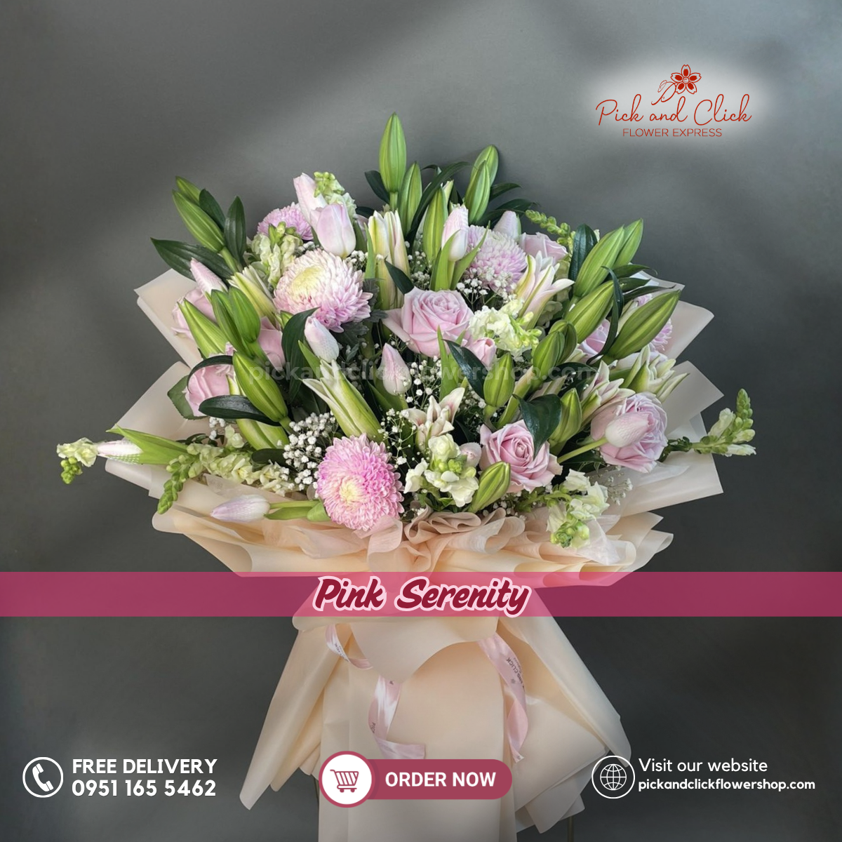 Pink Serenity bouquet featuring Light Pink Avalanche roses, Pink Sunlight roses, Pink Tulips, Pink Stargazers, gypsophila, and snapdragons in a luxurious floral arrangement.