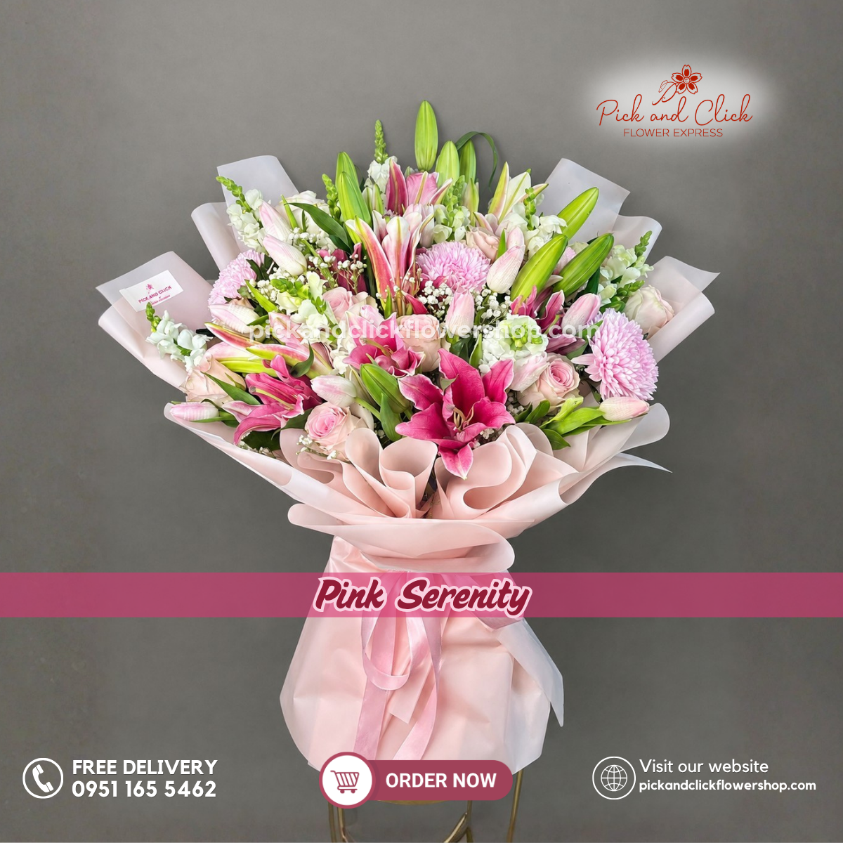 Pink Serenity Bouquet featuring light pink Avalanche roses, pink Sunlight roses, pink tulips, pink stargazer lilies, delicate gypsophila, and snapdragons arranged in a luxurious floral design, a sophisticated and romantic bouquet perfect for anniversaries, birthdays, weddings, and special occasions in the Philippines.