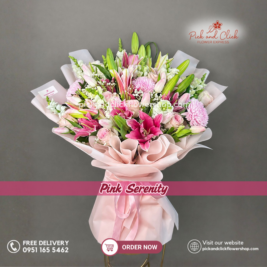 Pink Serenity Bouquet featuring light pink Avalanche roses, pink Sunlight roses, pink tulips, pink stargazer lilies, delicate gypsophila, and snapdragons arranged in a luxurious floral design, a sophisticated and romantic bouquet perfect for anniversaries, birthdays, weddings, and special occasions in the Philippines.