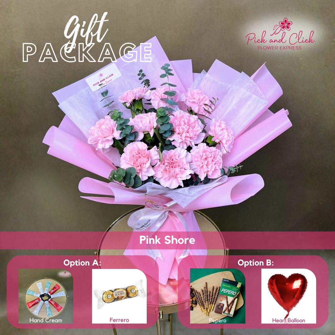 Pink Shore bouquet featuring 10 light pink carnations and eucalyptus arranged in an elegant gift package with optional add ons.
