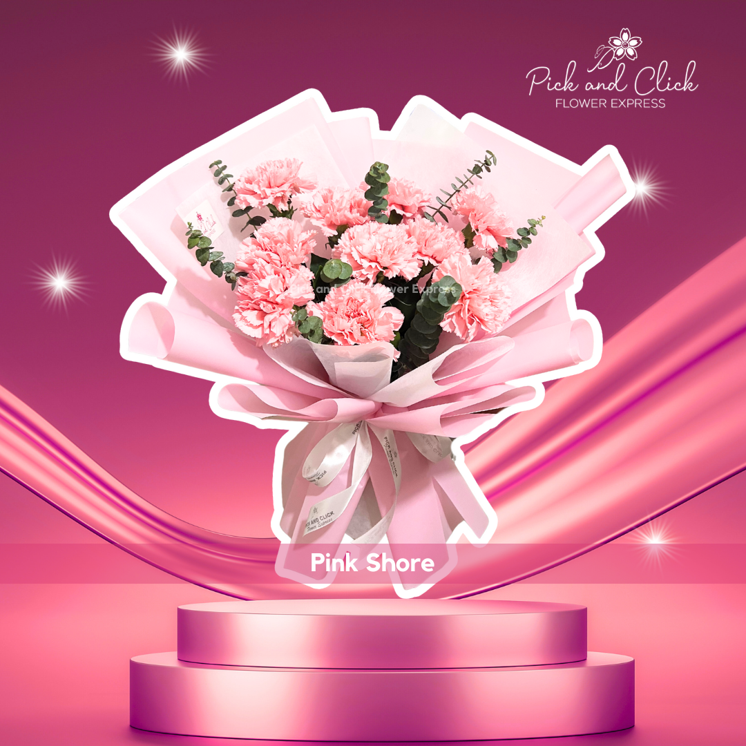 Pink Shore Bouquet featuring pink carnations arranged in a soft and elegant floral design, a charming bouquet perfect for birthdays, anniversaries, and special occasions in the Philippines.