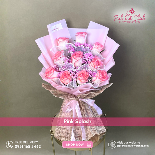 Bouquet with imported rose and sprayed gypsophila in purple wrap and burlap wrap