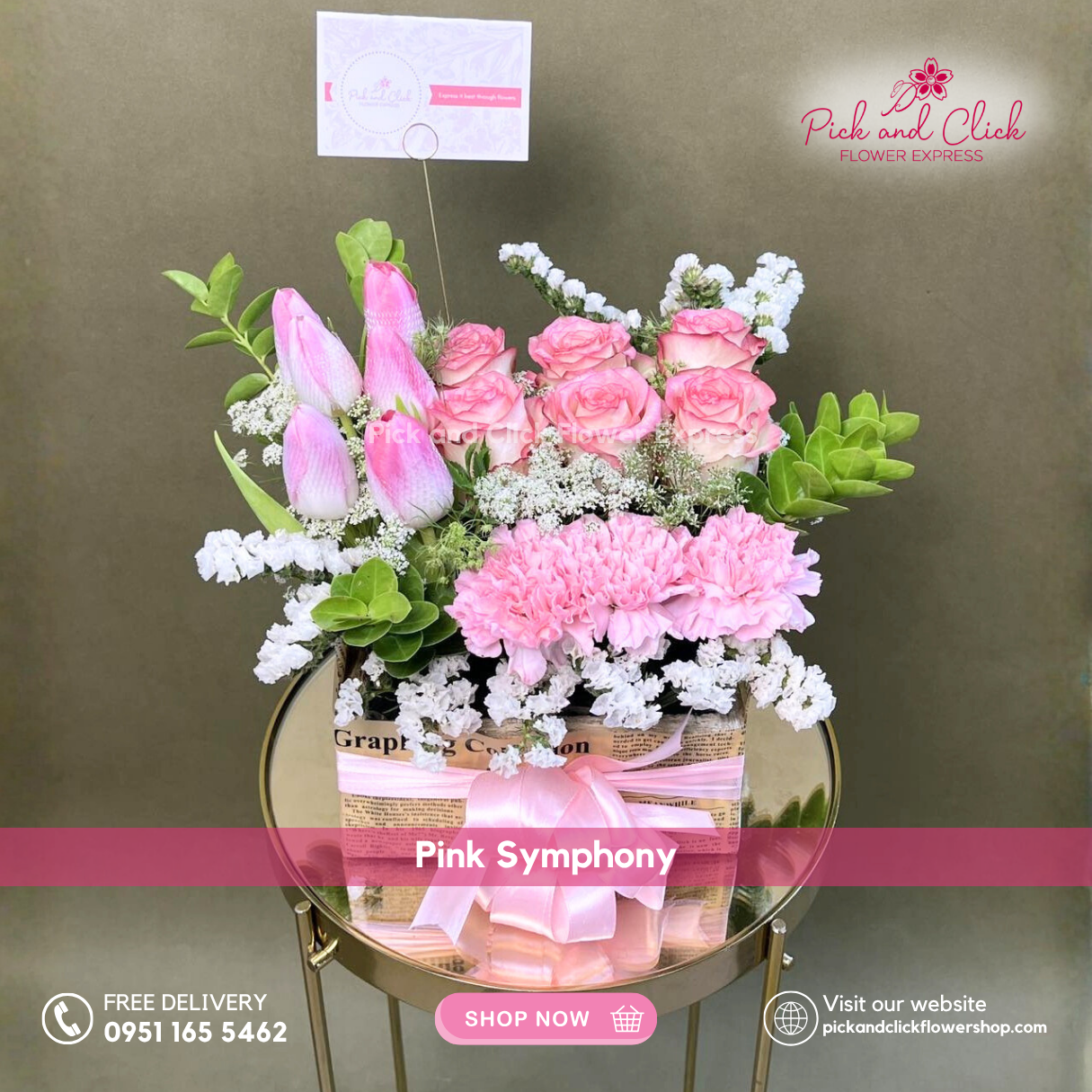 Pink Symphony Box Arrangement featuring two tone pink roses, pink tulips, carnations, white statice, rice flowers, and fresh eucalyptus arranged in an elegant floral design, a luxurious flower box perfect for birthdays, anniversaries, romantic gifts, and special occasions in the Philippines.