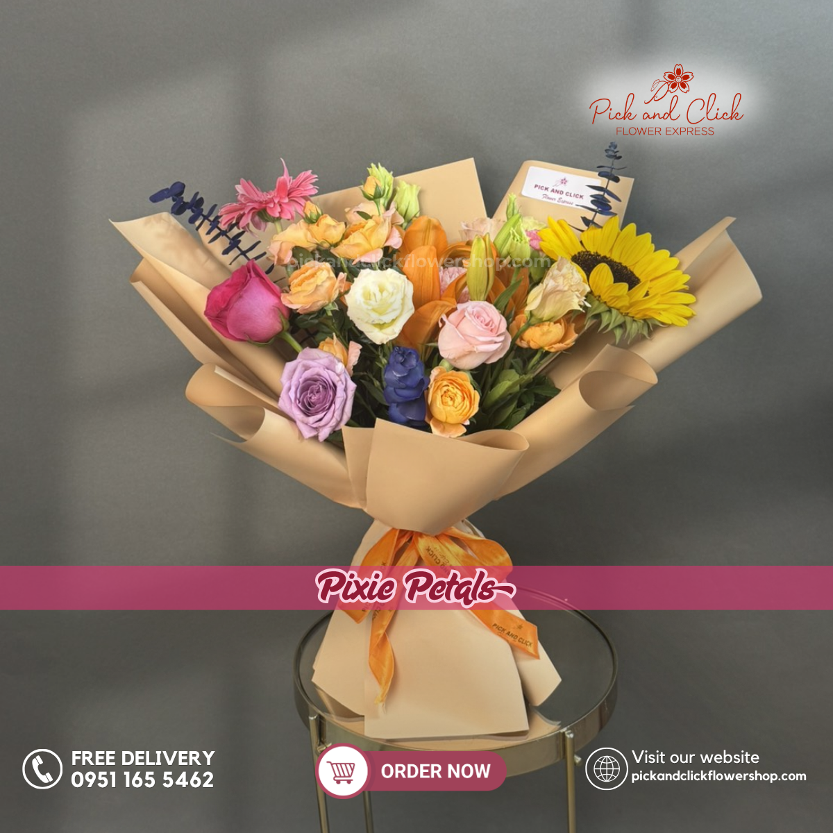 Pixie Petals Thumbelina featuring a colorful mix of fresh flowers arranged in a charming petite floral design, a vibrant and elegant arrangement perfect for birthdays, celebrations, thank you gifts, and special occasions in the Philippines.