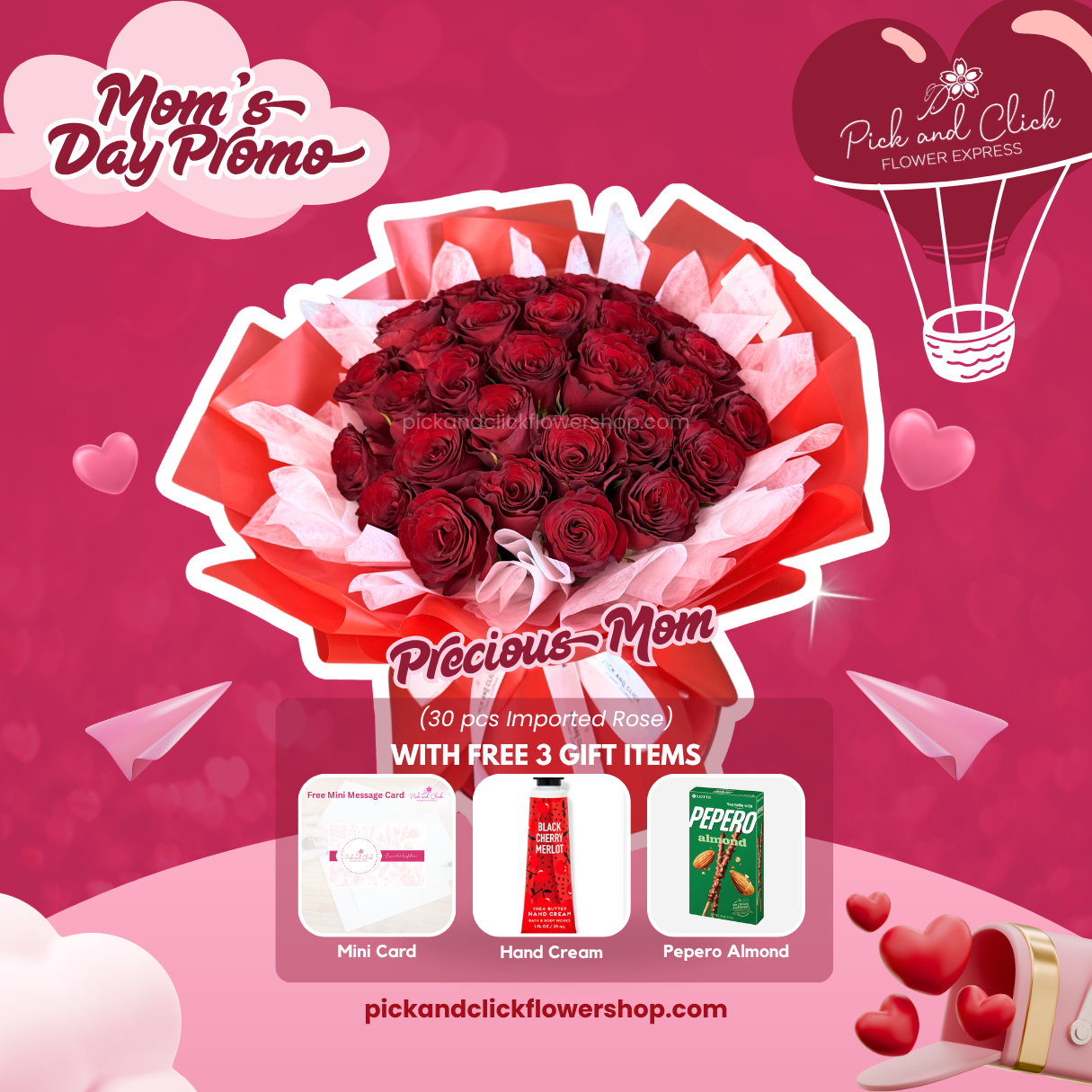 Precious Mom bouquet featuring 30 imported red roses with free mini card, hand cream, and Pepero Almond as a luxurious Mother’s Day gift.