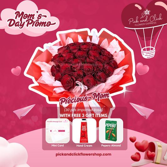 Precious Mom bouquet featuring 30 imported red roses with free mini card, hand cream, and Pepero Almond as a luxurious Mother’s Day gift.
