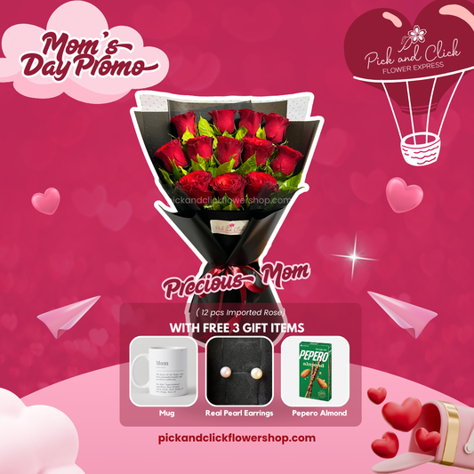 Bouquet of imported red roses in black wrapping with included freebies — a stylish and heartfelt gift for a precious mom