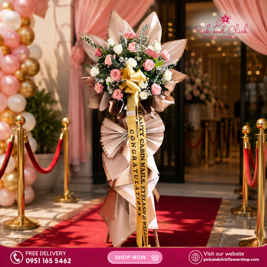 Premium Luck Opening Stand featuring imported white and pink roses, aster, fresh eucalyptus, and rosal, a vibrant and elegant floral stand designed to bring good fortune and celebrate grand openings and special business events in the Philippines.