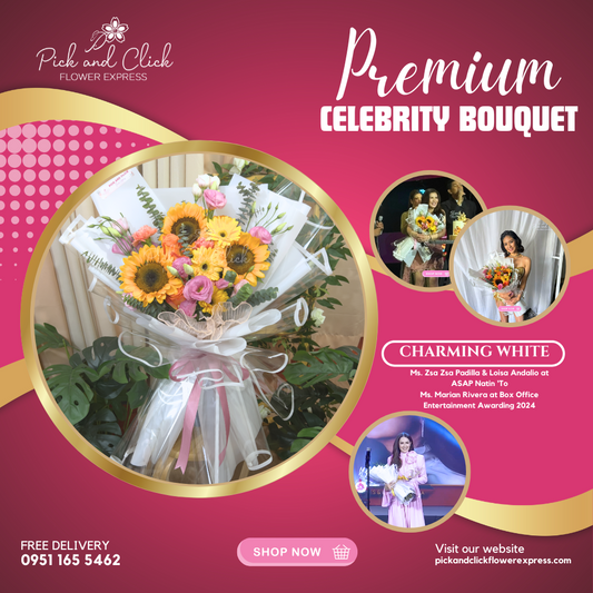 Bouquet of sunflower, yellow gerbera, purple lisianthus, and eucalyptus in white wrap — fresh, colorful, and uplifting