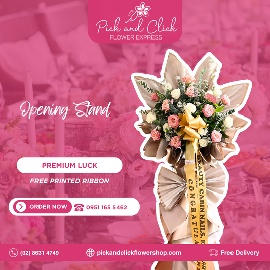 Premium Luck opening stand featuring imported white and pink roses, aster, fresh eucalyptus, and rosal arranged in a premium standing floral display for grand openings and celebrations.