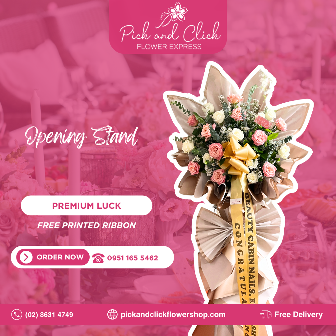 Premium Luck Opening Stand featuring imported white and pink roses, aster, fresh eucalyptus, and rosal, a vibrant and elegant floral stand designed to bring good fortune and celebrate grand openings and special business events in the Philippines.