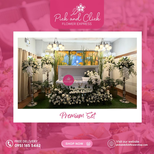 Premium set arrangement featuring coordinated sympathy flowers including standing sprays and floral tributes for memorial services.