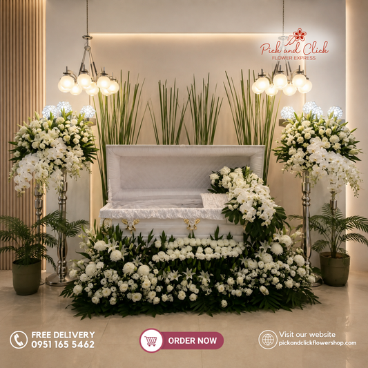 Premium Set Arrangement featuring coordinated sympathy flowers including standing sprays and floral tributes, a complete and elegant funeral flower set designed for memorial services and respectful tributes in the Philippines.
