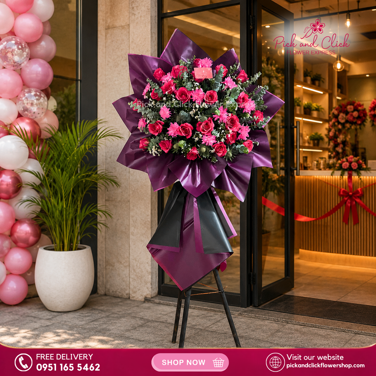 Prestige Amethyst Opening Stand featuring fuchsia pink roses, pink sprayed wonder white, eryngium, aster, and fresh eucalyptus, a vibrant and elegant floral arrangement designed for grand openings, celebrations, and special events in the Philippines.