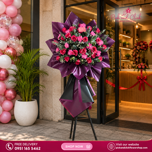 Prestige Amethyst Opening Stand featuring fuchsia pink roses, pink sprayed wonder white, eryngium, aster, and fresh eucalyptus, a vibrant and elegant floral arrangement designed for grand openings, celebrations, and special events in the Philippines.