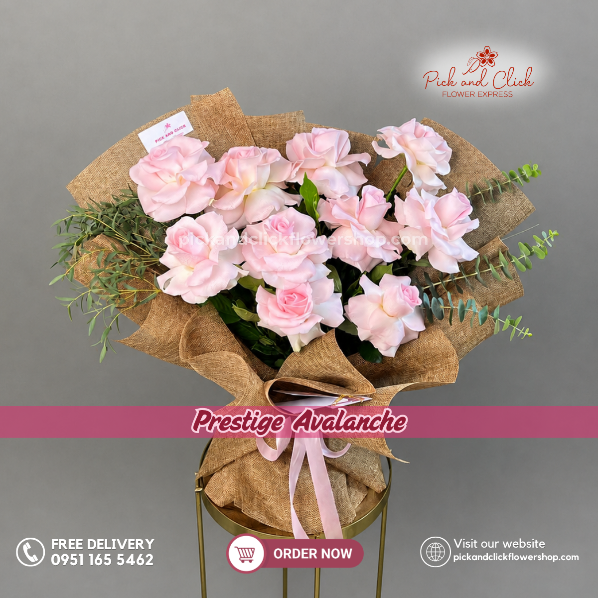 Prestige Avalanche Bouquet featuring 10 light pink Avalanche roses with parvi leaves and eucalyptus in an elegant hand-tied flower bouquet, perfect for birthdays, anniversaries, romantic surprises, appreciation gifts, and flower delivery in Metro Manila, Philippines.