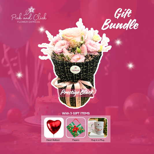 Bouquet of imported pink roses and lisianthus in black cloth wrap — a modern and elegant floral gift