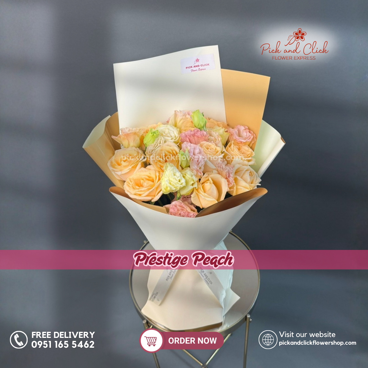 Prestige Peach Bouquet featuring 10 Peach Roses with Peach Lisianthus in an elegant monochromatic peach flower bouquet in the Philippines.