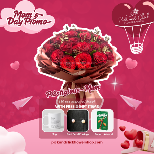 Bouquet of imported red roses in rose gold wrapping with freebies — an elegant floral gift for a prestigious and elegant mom