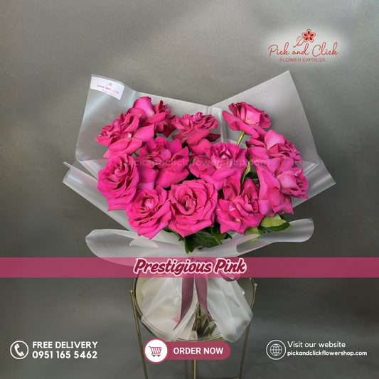 Prestigious Pink bouquet featuring 12 fuchsia pink roses in a luxurious elegant floral arrangement.